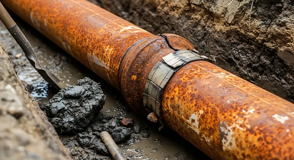 A corroded buried pipe exposed in a trench