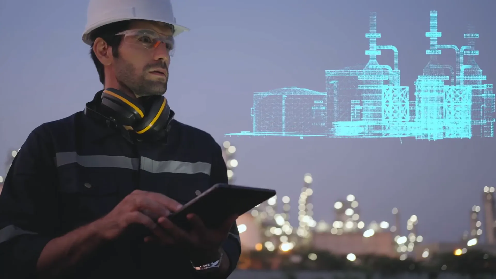 An engineer in a hard hat reviewing plant data on a tablet